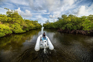 Suzuki 30 HP White Remote in Use on Dinghy Back View 