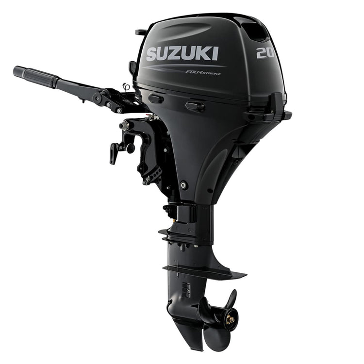 Suzuki 20 HP Black Tiller Diagonal Showcase